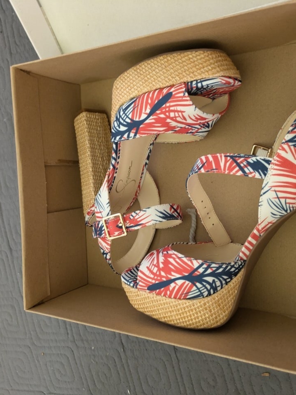 Jessica Simpson Coral and Navy Tropical Print Platform Sandals